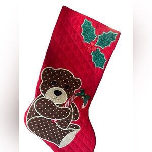 Vintage Festive Red Christmas Stocking with Bear Design patchwork farmhouse EUC